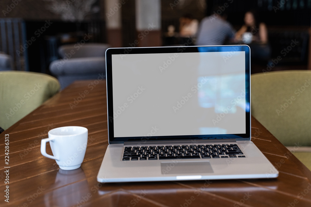Poster mock up using laptop with blank screen computer modern