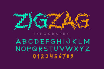 Zigzag font stitched with thread, embroidery font alphabet letters and numbers