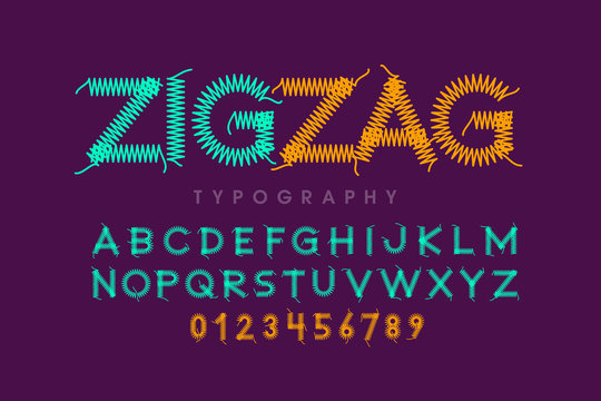 Zigzag Font Stitched With Thread, Embroidery Font Alphabet Letters And Numbers