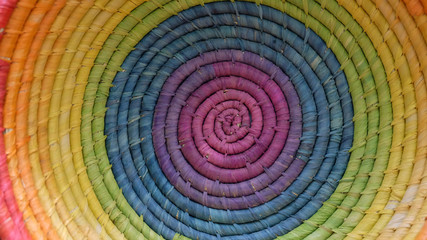 Colorful Madagascar raffia woven basket closeup