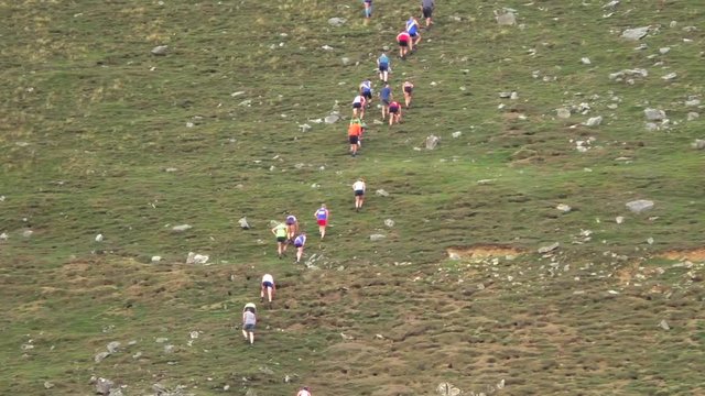Fell race at the Muker show 2018 showing runners climbing a very steep hill