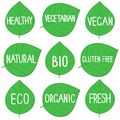 Eco, organic, bio, fresh, natural, vegan, vegetarian, gluten free signs. Tags set for packaging, cafe etc. Vector illustration
