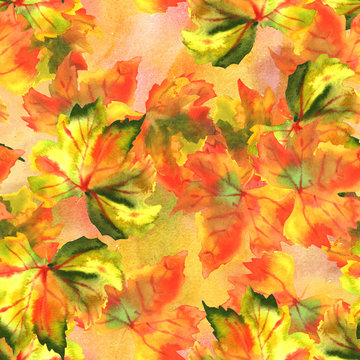 A seamless pattern of watercolour autumn grapevine leaves