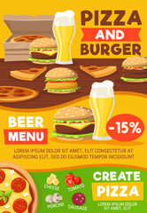 Fast food burger pizza and sandwich with beer