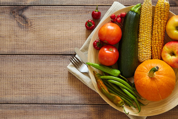 Harvest on the table. Fruit and vegetables. Vegetarian diet.