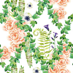 Flowers, leaves, herbs in sketching and watercolor technique