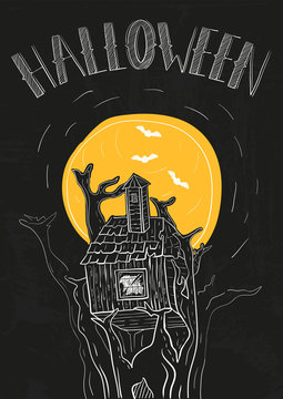 horrible old house and moon, bats on background, grunge texture. Postcard or greeting card for celebration of Halloween. a terrible invitation for a holiday. hand drawn tree house