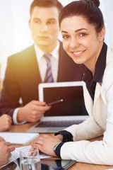 Fototapeta premium Business people at meeting in office background. Successful negotiation of business team or lawyers