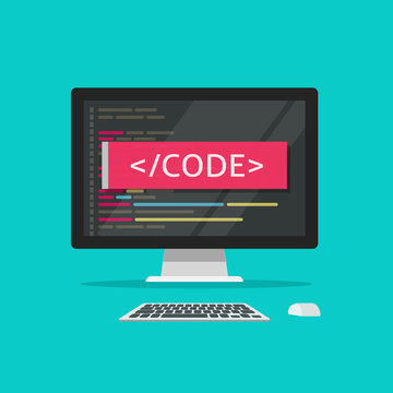 Programming code on computer vector illustration, programme coding or development process on desktop pc concept cartoon flat style