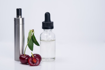 liquid for electronic cigarette, with a taste of cherry, on white background