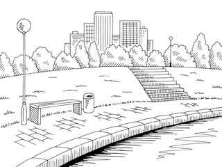Park river graphic black white landscape sketch illustration vector