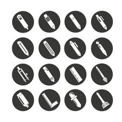 pen and writing tool icon set in circle button