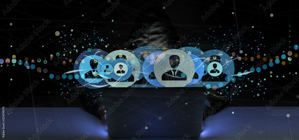 Poster hacker man holding a professional contact network concept 3d rendering