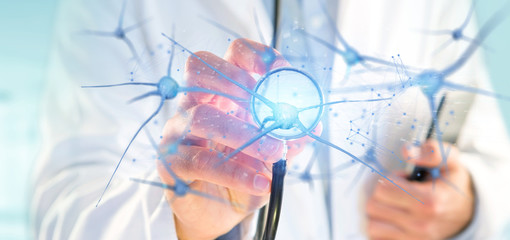 Doctor holding a 3d rendering group of neurons