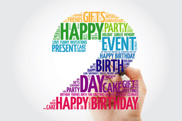 Happy 2nd birthday word cloud collage with marker