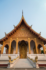 Front view of the Buddhist Vat Nong Sikhounmuang Temple in Luang Prabang, Laos, in the late afternoon.