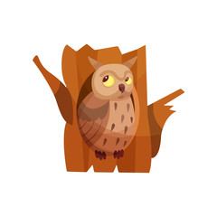 Cute owlet sitting in hollow of tree vector Illustration on a white background