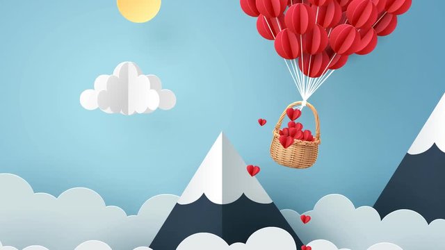 Animation and footage, Paper art of heart balloon flying and scattering little heart in the sky, origami and valentine's day concept.