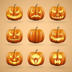 Halloween pumpkins set with different faces. Realistic detailed illustration.