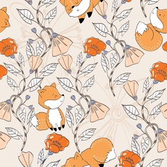 Fototapeta na wymiar Vector hand drawn seamless pattern. Cute cartoon foxes.