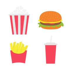 French fries potato in a paper wrapper box. Popcorn. Burger. Soda drink glass with straw. Fried potatoes. Movie Cinema icon set. Fast food menu. Flat design. White background.
