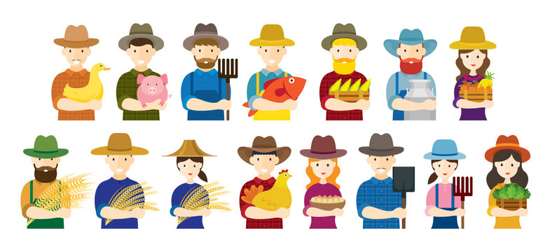 Farmer, Gardener, Characters Hold Agriculture Product Set