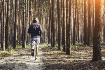 Man in a hoodie running in a pine forest. Concept of training in