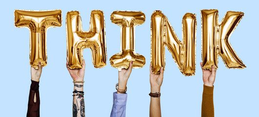 Hands showing think balloons word