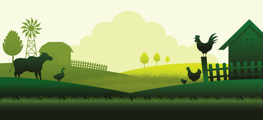 Farm with Animals Silhouette Background
