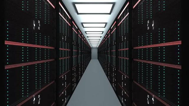 Large server room interior in datacenter, web network and internet telecommunication technology, data storage and cloud service concept, 3d rendering