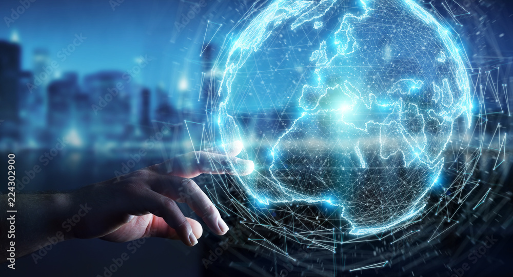 Wall mural businessman using globe network hologram with europe map 3d rendering