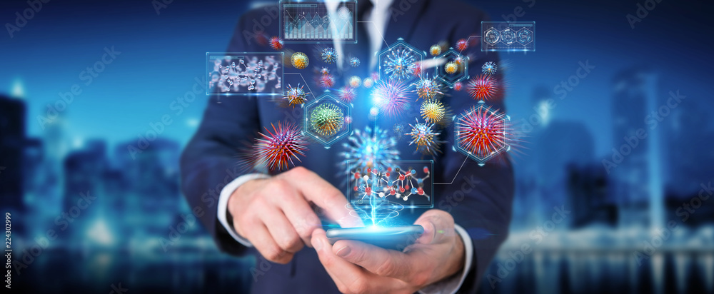 Poster businessman analyzing bacteria microscopic close-up 3d rendering