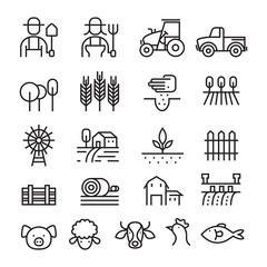 Farm and Agriculture Line Icons Set, Farmers, Plantation, Gardening, Animals, Objects - 224302913