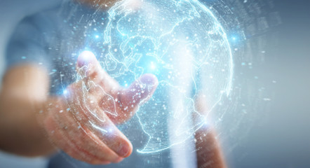 Businessman using globe network hologram with America Usa map 3D rendering