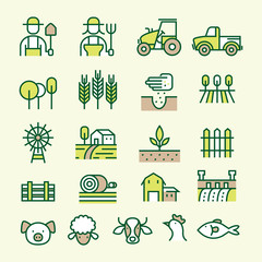 Farm and Agriculture Line Icons Set, Farmers, Plantation, Gardening, Animals, Objects