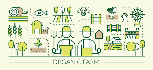 Organic Farm Line Icons Banner, Agriculture, Farmers, Plantation,