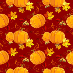 Seamless Autumn pattern Vector floral style design: pumpkin, orange, yellow, brown red fall forest Maple leaves, oak tree leaves. Wallpaper, background beautiful, cute, trendy bright print
