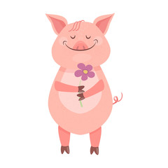 Funny Piggy symbol 2019 new year. A pig stands and holds a flower in his hands