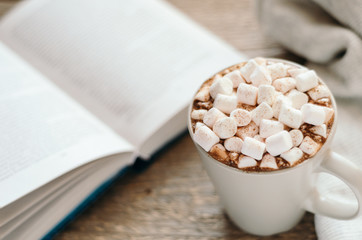 Hot cocoa with marshmallow and spices on wooden table with a gray knitted plaid. Cozy breakfast,...