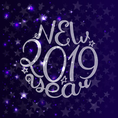 2019. Happy New Year. Handwriting text. Vector illustration Blue background