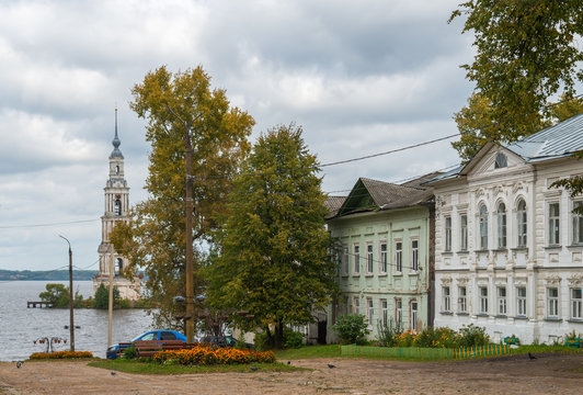 Kalyazin Bell Tower (Flooded Belfry over waters of Uglich Reservoir on Volga River) as part of Monastery of St. Nicholas, opposite old street of Kalyazin, Tver region, Russia