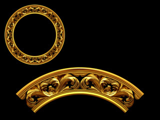 golden ornamental segment, ”tendril", round version, ninety degree angle, for corner or circle, 3d Illustration, separated on black © diez-artwork