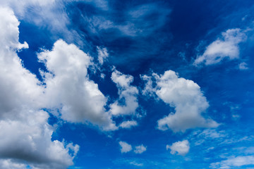 Blue sky with white and blue and pink clouds. Clear sky. Beautiful sky. Evening sky. Yellow and blue cloud in the sky.