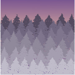 Fototapeta premium Vector misty spruce forest landscape. Brush silhouettes of coniferous trees. Vector violet illustration.
