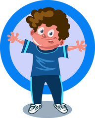 boy standing and raising his arms to both sides, cartoon style vector illustration