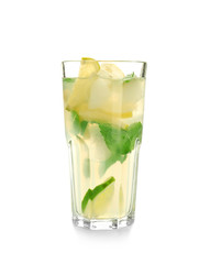 Glass of fresh mojito on white background