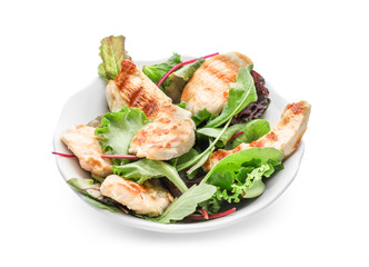 Plate with delicious chicken salad on white background