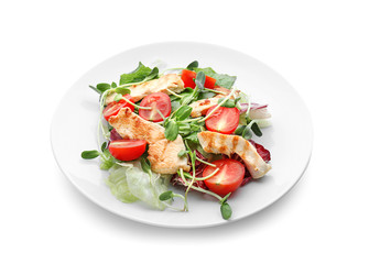 Plate with delicious chicken salad on white background
