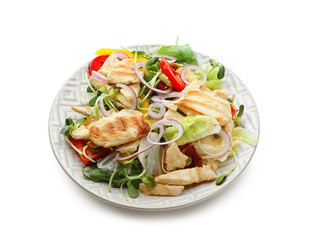Plate with delicious chicken salad on white background