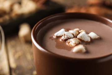 Cup of delicious cocoa with marshmallows, closeup